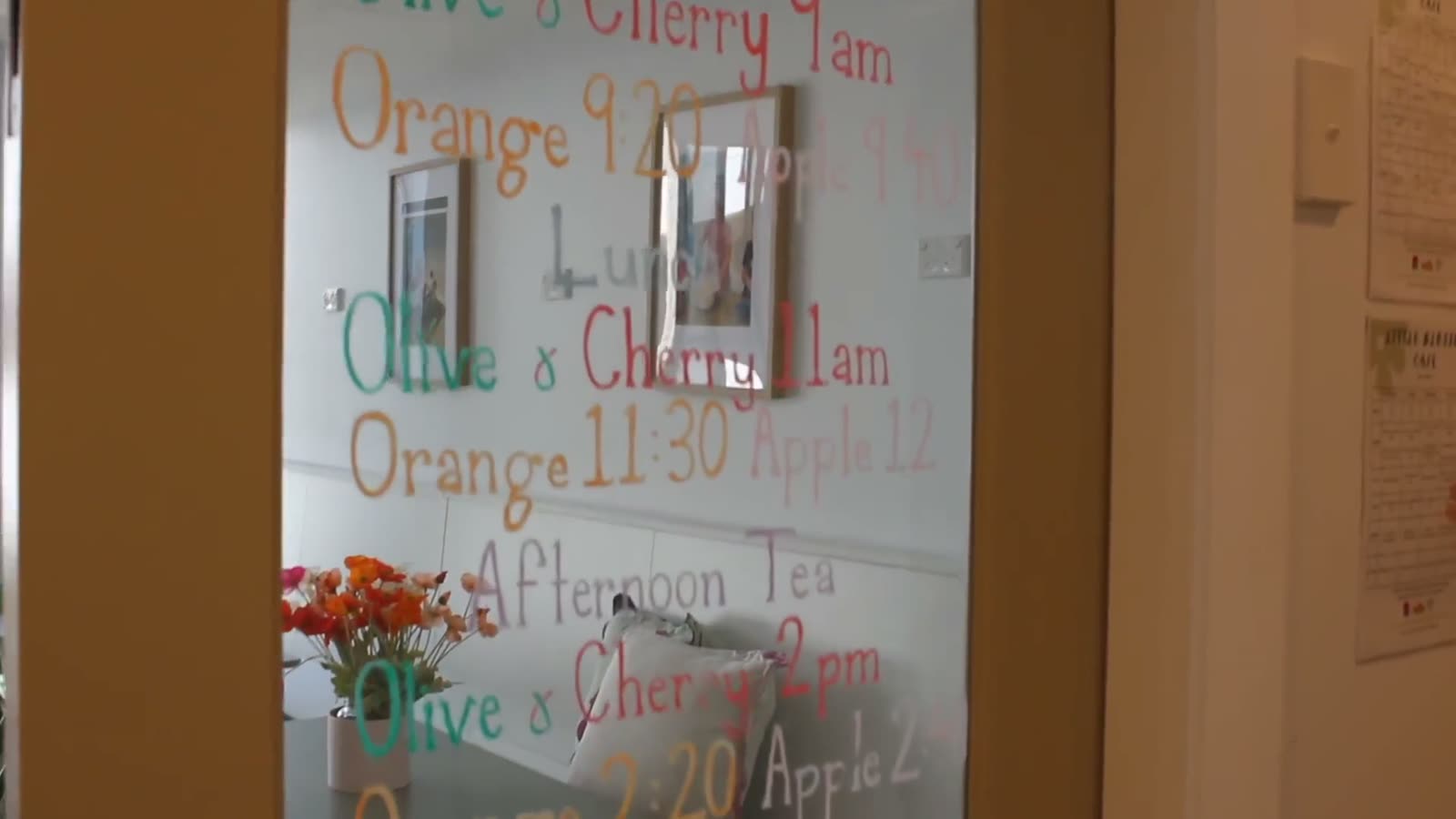 The daily rhythm board listing room meal times